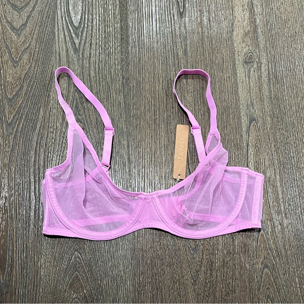NWT Skims Bra Ultra Fine Mesh Underwire Scoop Unlined Adjustable Straps Pink 38C